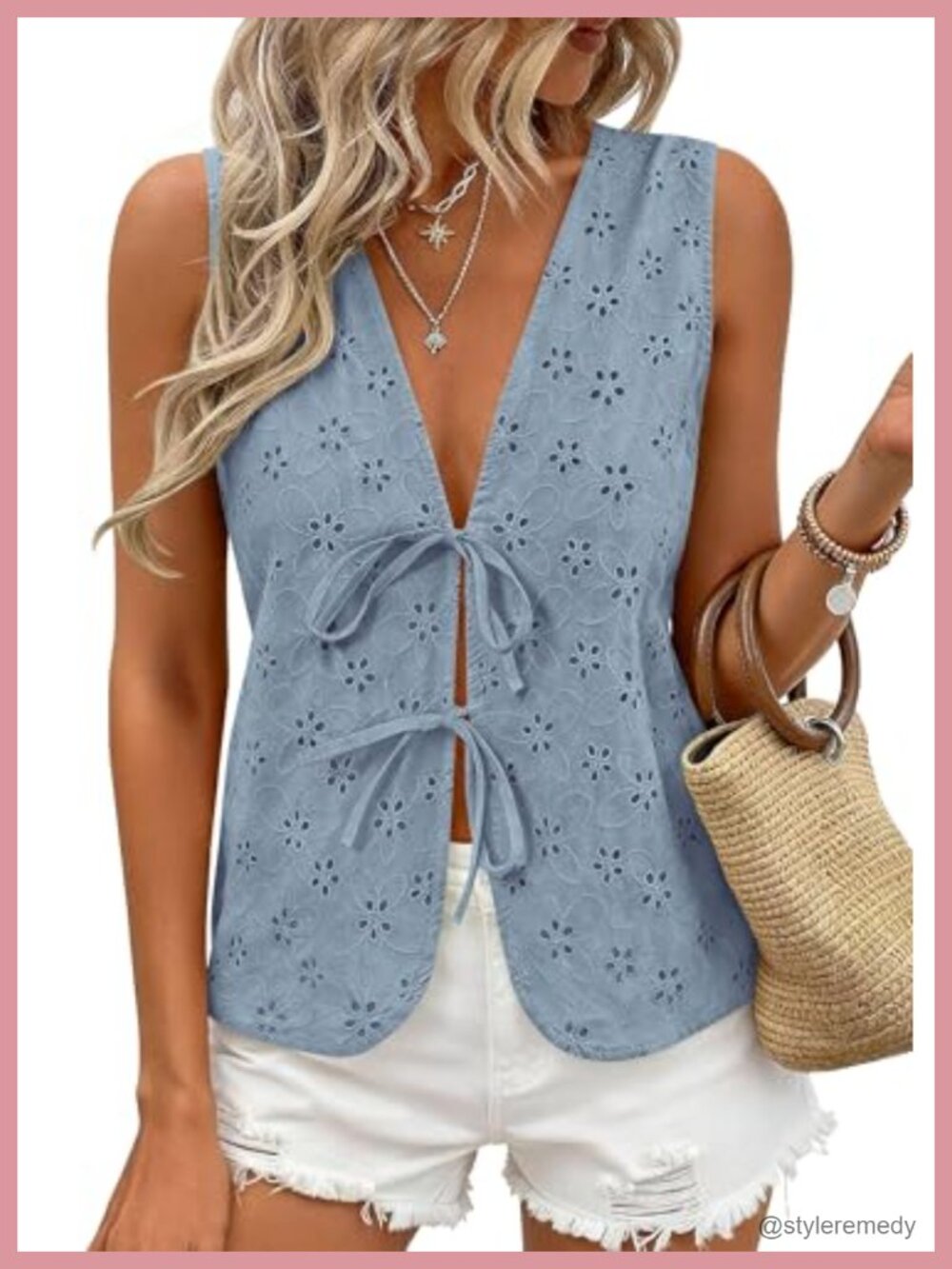 Eyelet Lace Tie Front Vest Top Sleeveless V-Neck Summer Tank